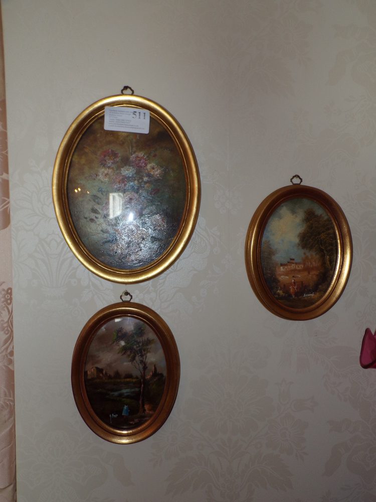 Three Italian signed oval oil paintings in gilt frames