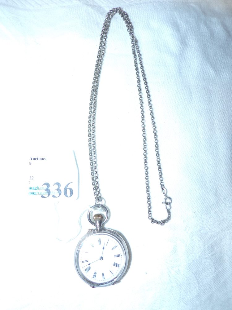 Silver case fob watch and chain, late Victorian